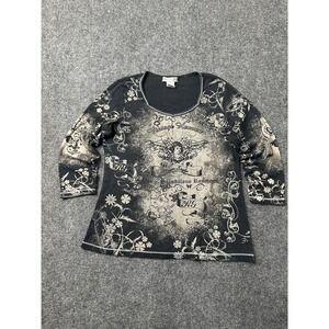 Womens Top Suz Black Graphic Long Sleeve Floral Print Tee Boho Style, Size S